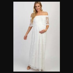 PinkBlush White Lace Mesh Overlay Off Shoulder Maternity Maxi Dress